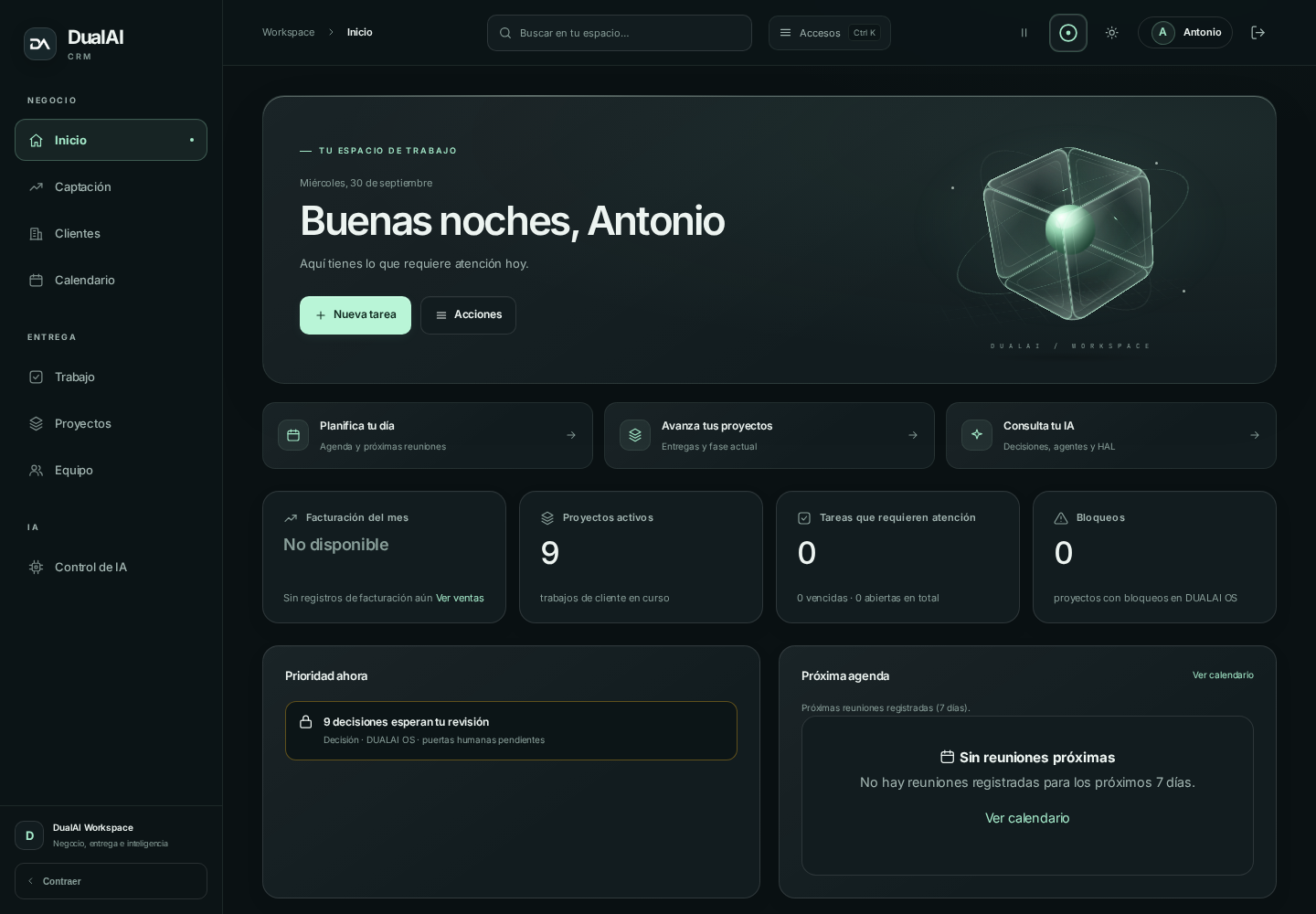 Captura real del panel de trabajo interno de DualAI con tareas, proyectos y calendario.